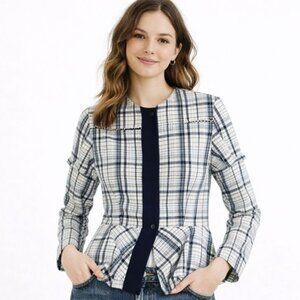 LEWIT Plaid Wool / Mohair Peplum Blazer Lined Blue White Size Small